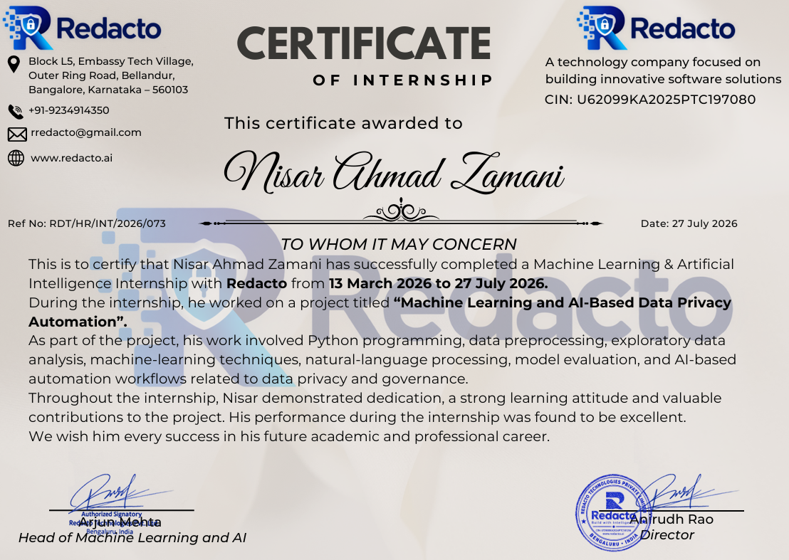 Redacto Internship Certificate